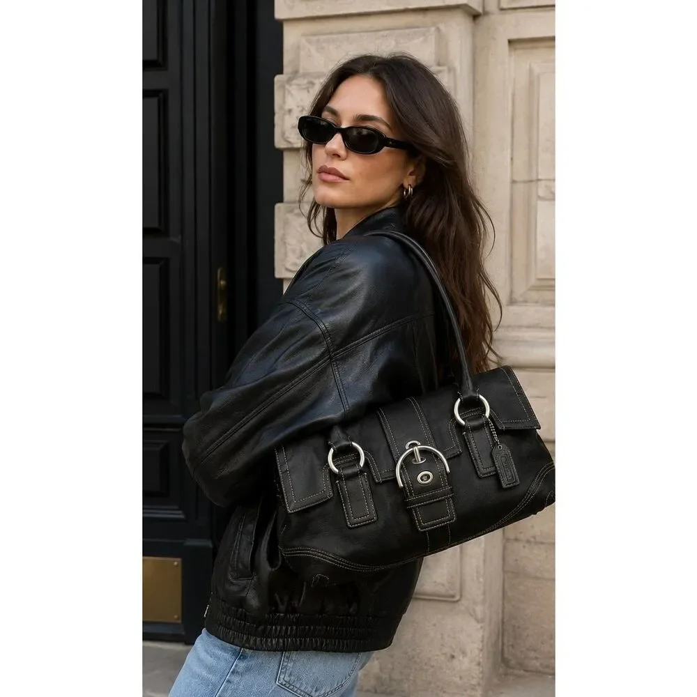 Coach Soho Black Glove Leather Flap Satchel Shoulder Bag Contrast Stitch